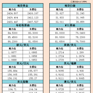 5月20日亚市支撑阻力：金银原油+美元指数等六大货币对