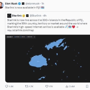 SpaceX首席执行官马斯克：星链在斐济开通，已在全球99个市场提供！前一天宣布在印尼启 ...