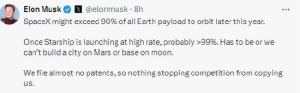马斯克：SpaceX今年将把全球90%以上有效载荷送入轨道！竞争对手可以随便抄袭公司产品 ...