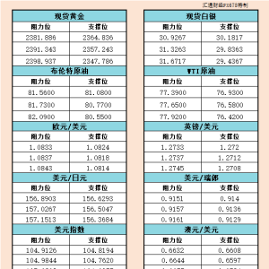 5月23日欧市支撑阻力：金银原油+美元指数等六大货币对