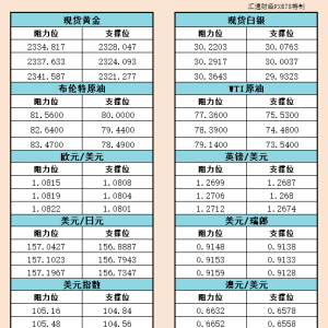 5月24日亚市支撑阻力：金银原油+美元指数等六大货币对