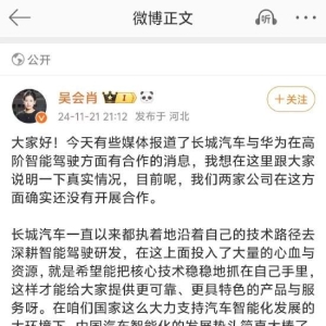 长城汽车CTO否认“与华为合作”传闻：对自己的智驾技术相当有底气 ...