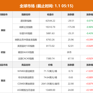 全球市场：纳指全年累涨28.64% 标普500指数全年累涨23.31%