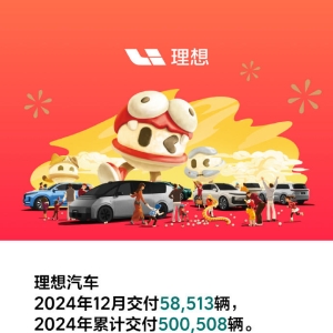 理想汽车2024年12月交付58,513辆，创历史新高