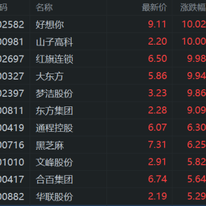 A股互联网零售股走高：好想你、山子高科、梦洁股份、大东方、红旗连锁等多股涨停，东 ...