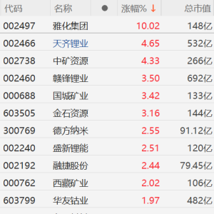 A股锂矿股逆势上涨：雅化集团涨停，天齐锂业涨超4%，赣锋锂业、国城矿业、金石资源涨 ...
