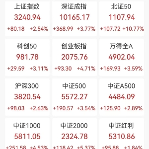 A股收评：三大指数全线大涨！北证50暴涨超10%，沪指涨2.54%报创业板指涨4.71%，超5300 ...