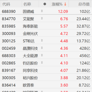 A股光伏设备板块拉升：固德威涨12%，艾能聚涨超6%，海泰新能涨超5%，晶澳科技涨超4%， ...