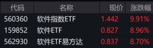 软件概念股全天走强，软件相关ETF大涨逾8%