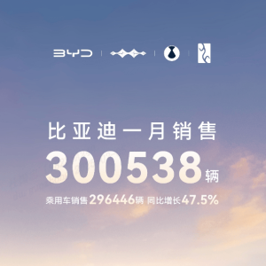 中国销冠 比亚迪25年1 月销售30 万台