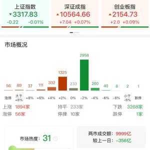A股午评：指数冲高回落，沪指跌0.01%创业板指涨0.09%，影视院线、AI概念领涨，光线传 ...
