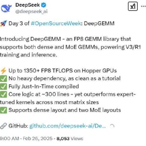 DeepSeek开源第三弹，300行DeepGEMM代码开源！仅支持英伟达Hopper架构运算，代码库设 ...
