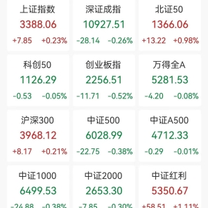 A股收评：三大指数涨跌不一，沪指涨0.23%创指跌0.52%北证50涨0.98%，大消费板块走高， ...