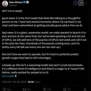 OpenAI CEO奥特曼：关于GPT4.5的一个好消息和一个坏消息
