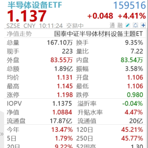 自主可控大势所趋，半导体设备ETF（159516）大涨4.5%