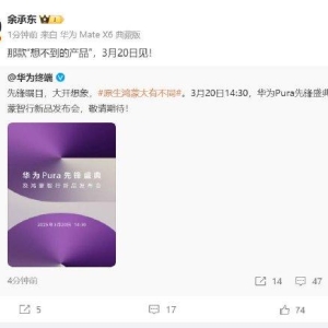 余承东：华为3月20日举办华为Pura先锋盛典及鸿蒙智行新品发布会，发布首款搭载原生鸿 ...