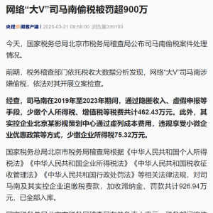 突发！网络“大V”司马南偷税被罚超900万元