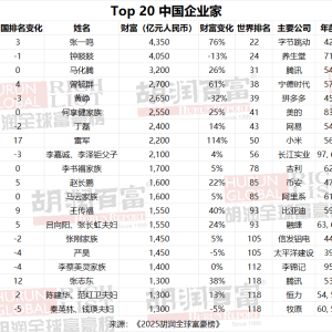 2025胡润全球富豪榜：字节跳动张一鸣以4350亿登顶中国首富，雷军以2200亿首次跻身中国 ...