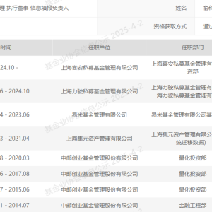 原公募量化基金经理俞科进转行做私募，曾搭档任泽松管理基金产品 ...