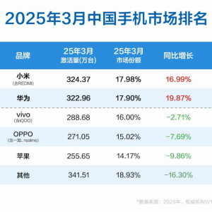 3月中国手机市场新机激活量小米排名第一，雷军发文：感谢大家支持！ ...