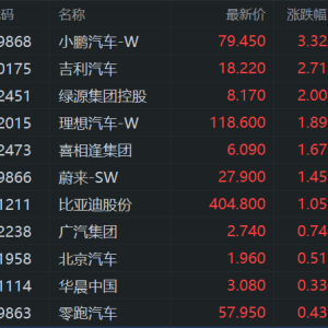 港股汽车股普涨！小鹏汽车涨3.3%，吉利汽车涨3%，理想汽车、蔚来汽车、比亚迪股份、零 ...
