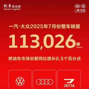 一汽-大众7月实现整车销量11.3万辆