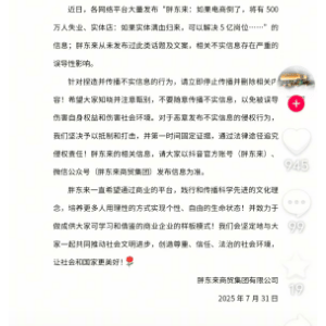 胖东来最新声明：从未发布“电商倒闭致500万人失业，实体店可以解决5亿岗位”等言论， ...