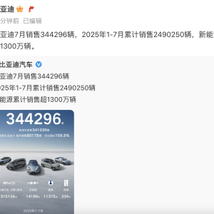 比亚迪7月销售344296辆 新能源累计销售超1300万辆