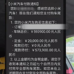 网友：小米汽车销售要求用户提前支付尾款，否则面临订单取消、定金不退暂缓生产等风险 ...