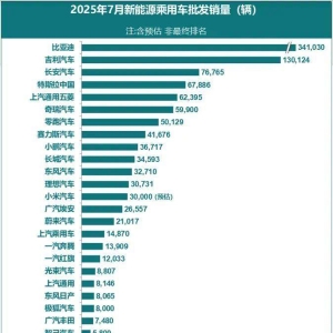 乘联分会：7月新能源乘用车批发销量118万辆同比增长25%，比亚迪、吉利、长安前三 ...