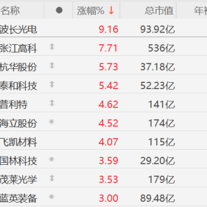 A股光刻胶概念股上涨，波长光电涨超9%，张江高科涨超7%，杭华股份、泰和科技涨超5%， ...