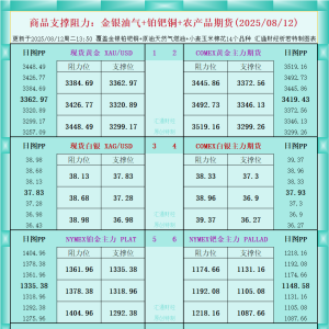 一张图看商品支撑阻力：金银油气+铂钯铜农产品期货(2025年8月12日) ...