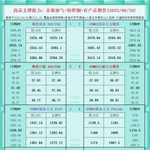一张图看商品支撑阻力：金银油气+铂钯铜农产品期货(2025年8月20日) ...