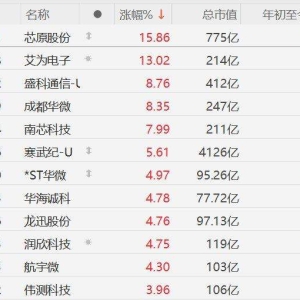 A股半导体板块走强，芯原股份涨近16%，艾为电子涨13%，盛科通信、成都华微涨超8%，南 ...