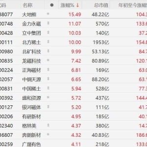 A股稀土永磁板块大涨，大地熊涨超15%，金力永磁涨超11%，立中集团涨超10%，北方稀土、 ...