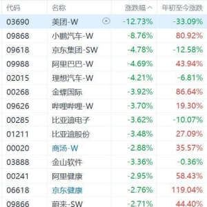 港股午后继续走低，恒生科技跌超2%，恒指跌1.4%！美团跌12%，小鹏汽车跌8%，京东集团 ...