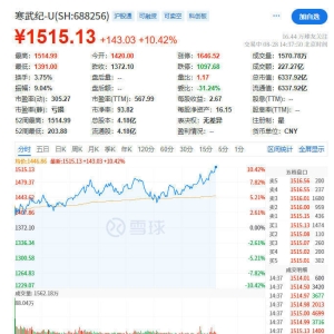 寒武纪股价超1500元，市值超6300亿元