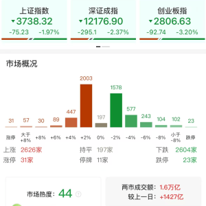 A股午评：三大指数集体大跌，沪指跌近2%科创50跌5.38%，北证50逆势涨0.58%，CPO、半导 ...