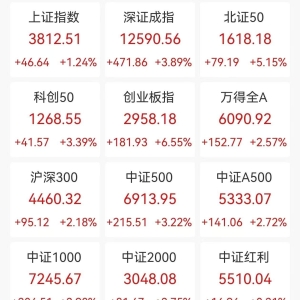 A股收评：三大指数尾盘大幅拉升抹去昨日全部跌幅，创业板指涨6.55%，北证50涨5.15%， ...