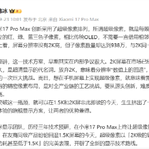 小米集团总裁卢伟冰：小米17 Pro Max创新采用超级像素排列，2K级显示效果功耗低于1.5K ...