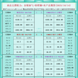 一张图看商品支撑阻力：金银油气+铂钯铜农产品期货(2025年10月14日) ...