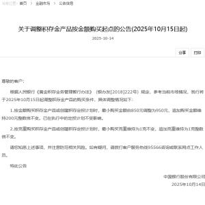 黄金暴涨年内第三轮积存金起购点上调铺开 中行、工行相继出手 门槛最高已达1000元 ...