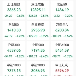 A股收评：三大指数下挫，创业板指跌3.99%，科创50跌4.26%，北证50微跌0.22%，半导体重 ...