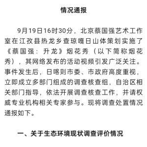 官方通报“蔡国强烟花秀”调查结果：蔡国强工作室被查 “始祖鸟”承担生态修复责任 ...