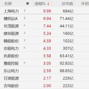A股市场电力股拉升，上海电力、穗恒运A涨停，世茂能源涨超7%，建投能源涨超5%，赣能股 ...