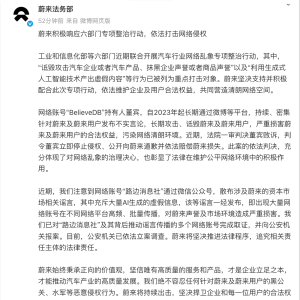 蔚来发文打击网络侵权：涉AI虚假信息案已立案调查