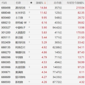 A股半导体股集体上涨，源杰科技涨超14%，长光华芯涨超11%，士兰微触及涨停，寒武纪涨4 ...