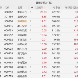A股福建股大面积涨停！中能电气20CM涨停，招标股份涨超13%，海峡创新涨11%，漳州发展 ...