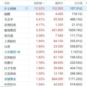 港股新消费概念股集体走强，沪上阿姨涨近13%，锅圈涨6%，毛戈平涨超5%，奈雪的茶涨超4 ...