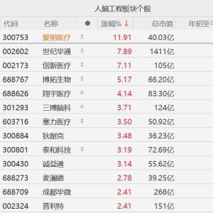 A股脑机接口概念股走强，爱朋医疗涨近12%，世纪华通、创新医疗涨超7%，三博脑科涨3%！ ...